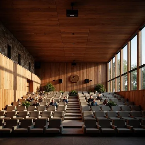 Spacious auditorium, tiered seating, soft cushioning, wooden accents, natural stone walls, high ceilings, advanced ventilation systems, air purification units, silent operation, comfortable temperatur
