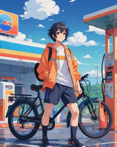By Yves Di, a cute guy, casual outfit, energicity, beautiful face, beautiful legs, light orange eyes, very happy face, full body, colorful colors, detailed background beautiful, gas station, rainny da