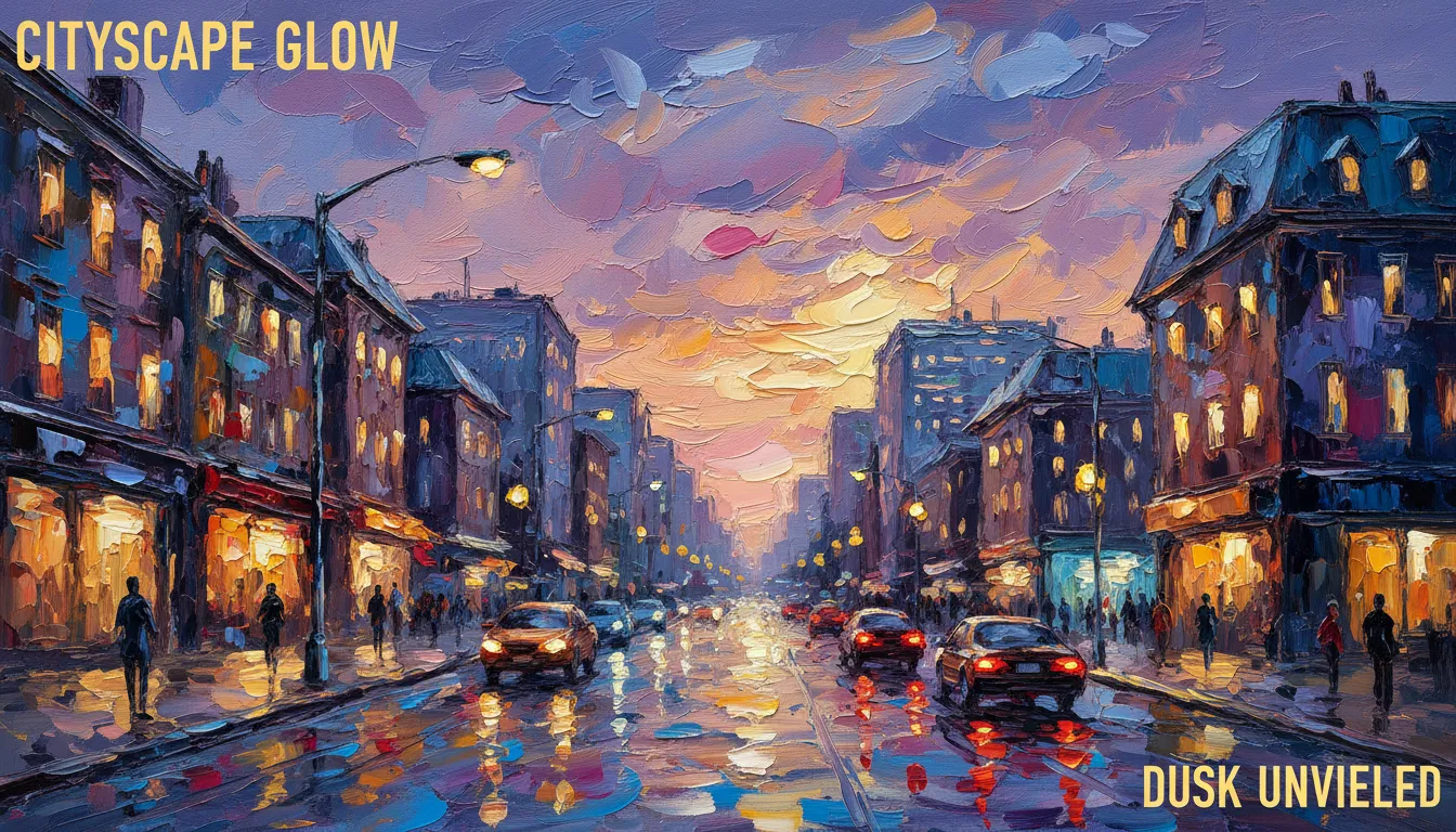 Un vivace poster generato dall'IA che mostra una strada di città al crepuscolo in uno stile di pittura a spatola denso e materico.