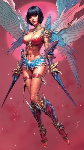 a fullbody atractive female anime fairy elevating in the air, short hair,a woman in a bikini and wings, with the sun behind her,bellona,neith,yongmei,amazona,cupid,minmay,darkstalkers,rumiko,locris,cy