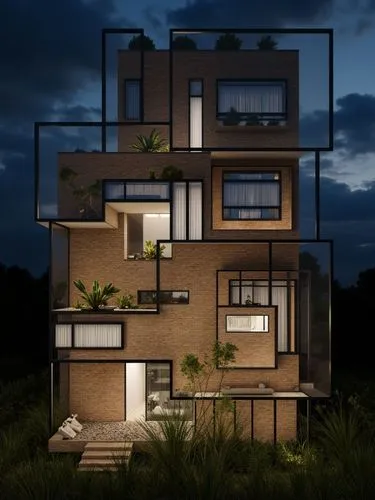 an exterior view of a house illuminated at night,apartment building,apartment house,apartment block,cubic house,an apartment,renders,apartments,lofts,render,sky apartment,habitat 67,modern house,moder