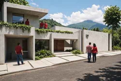 A 3d rendering of a modern, minimalist concrete building with a lush green hillside in the background. the building has a rectangular shape with large windows and a wooden door, and is surrounded by d