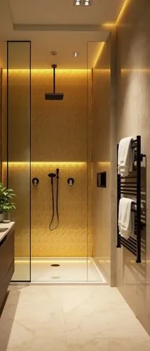 Luxurious modern bathroom with a striking golden glass tile shower wall, recessed shelves for toiletries, black towel warmer with soft white towels, warm beige stone walls, sleek black fixtures, soft 