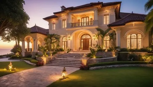 Grand, step-up architecture, modern villa, luxurious mansion, stairs leading to entrance, imposing columns, large windows, sliding glass doors, elegant chandeliers, marble floors, high ceilings, spaci
