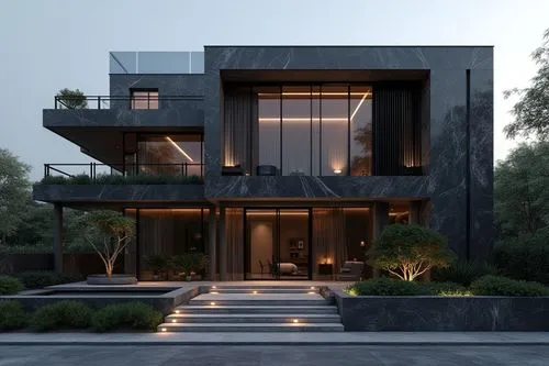 A luxurious, ultra-modern, three-story mansion with a sleek, dark gray marble facade and prominent vertical columns, situated in a refined, upscale residential setting. The exterior features large fl