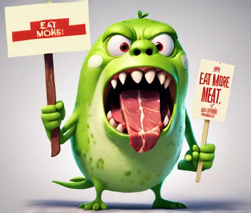 an angry tomota holding a sign "Eat more Meat!", simple background, in the pixar style,eat,e-coli,e-coli hazard,edamame,monster's inc,pea,aaa,icon e-mail,cougnou,no eating,like to eat,cut the rope,eel