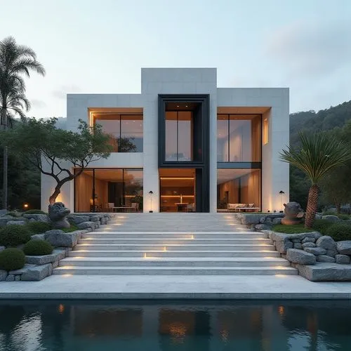 A hyper-realistic, high-resolution architectural photograph capturing a grand, ultra-modern luxury mansion at twilight. The building’s façade is composed of smooth white stone panels contrasted with s