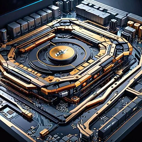 a large motherboard is shown with several components inside,circuit board,fractal design,turntable,motherboard,microcomputer,motherboards,computer art,graphic card,circuitry,retro turntable,supercompu