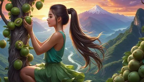 there is a painting with green fruit and a woman,background ivy,jasmine blossom,jasmine,fantasy picture,grape harvest,beanstalk,landscape background,apple mountain,green apples,jasmine flower,starfrui