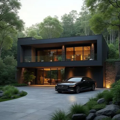 A hyper-realistic, high-resolution architectural photograph of a modern, two-story luxury residence set amidst a lush, tranquil forest. The house features a bold, minimalist design with clean lines an