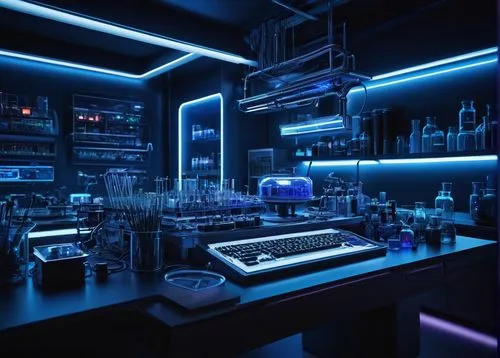 AI drawer, futuristic laboratory, sleek metal desk, high-tech gadgets, wires and circuits, neon lights, virtual screens, robotic arm, precision tools, test tubes, Petri dishes, sci-fi ambiance, dark b