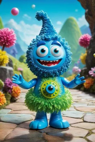 Create a cute yo gabba gabba blue alien doll character with cute eyes and a playful look at the camera and smiling in 3d,the animated character in monsters is smiling and waving,misers,cute cartoon ch
