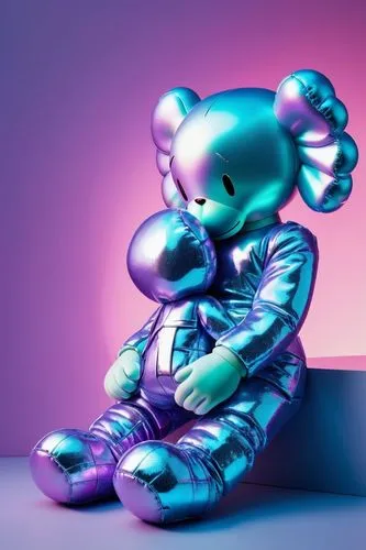 Create a minimal stuffed animal character, in style of Kaws Art,a shiny teddy bear sitting on the floor with his hand on his chest,teddy bear waiting,soft robot,plush bear,teddy bear crying,rubber dol