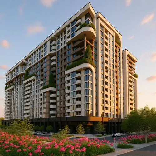 the building is tall with greenery on each floor,new housing development,residential tower,residential building,condominium,landscaped,high rise building,apartment building,redevelop,block balcony,pro
