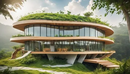Sustainable architecture, eco-friendly building, green roof, solar panels, recyclable materials, curved lines, organic shapes, lush greenery, vines crawling up walls, large windows, natural light, air