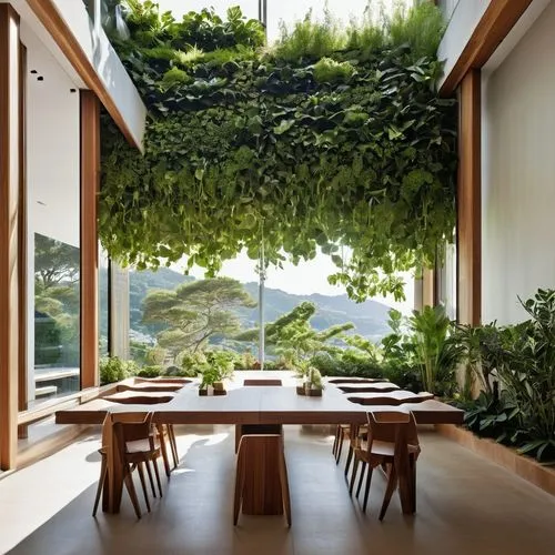 The space should feature large windows that allow ample natural light to flow in, creating a warm and soft illumination throughout. Include a variety of plants in different sizes, such as a mix of lar