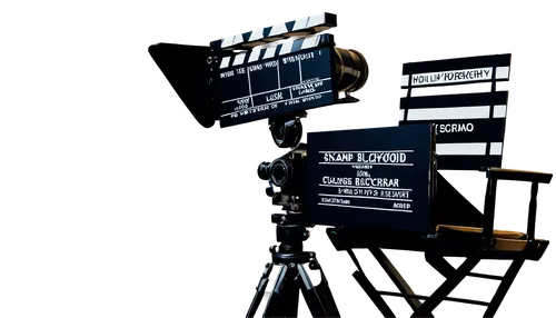 Clapboard, movie camera, film reel, director's chair, spotlight, boom microphone, movie script, Hollywood-style logo, classic cinema atmosphere, warm lighting, 3/4 composition, shallow depth of field,