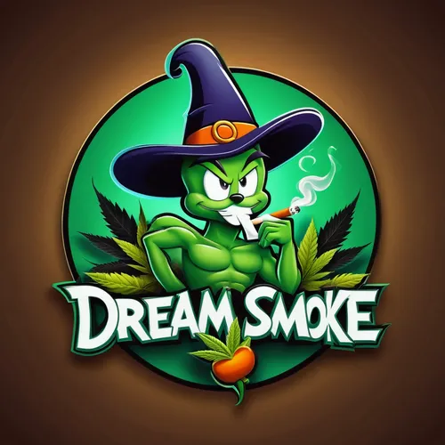 Logo for text "'Dream-N-Smoke"' on the theme of looney toon god sitting and smoking joint, Marijuana logo theme. 3d logo,steam logo,smoke background,green smoke,steam icon,witch's hat icon,logo header