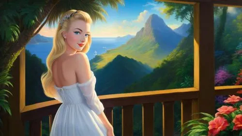 Romantic masterpiece oil painting, beautiful girl portrait, nostalgic 1950's style kitsch, vibrant rainforest, mountaintop cottage landscape, lush tropical jungle paradise, beautiful natural scenery, 