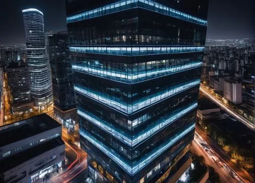 Axis architecture, modern skyscraper, sleek metal framework, glass façade, symmetrical composition, angular lines, futuristic design, urban cityscape, night scene, neon lights reflecting off the build