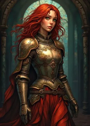young adult woman, rubyred colored hair, wild loose hairstyle, crystalic green eyes, mean face impression, chivaleric armor with skirt, walking forward, full body view, medival dark church background,
