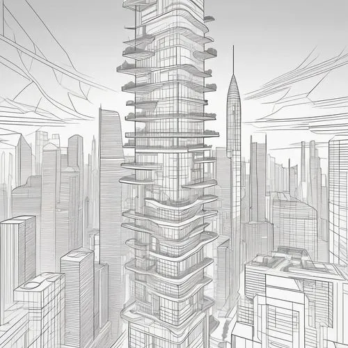 bird's eye view of a futuristic architecture building,a black and white po of a tall building in the city,skyscraping,supertall,highrises,unbuilt,arcology,penciling,high rises,wireframe,tall buildings