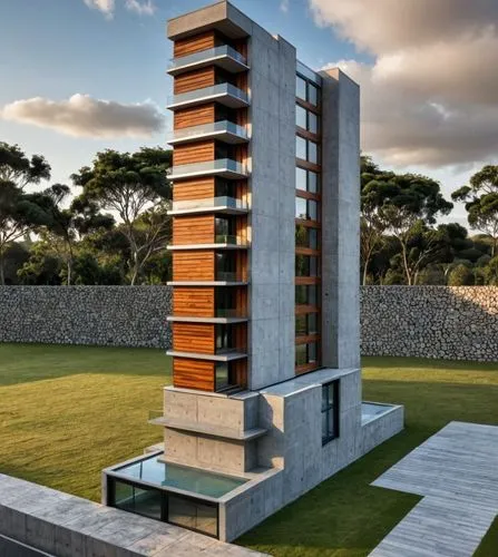 Arquitetura sofisticada com cores claras e destaque ,the unusual looking concrete and wood building is sitting in a yard,residential tower,modern architecture,observation tower,campanile,cantilevered,