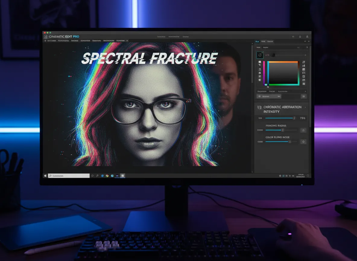 एक इंटरफ़ेस जो एक उपयोगकर्ता को मूवी पोस्टर के लिए एक पोर्ट्रेट पर क्रोमेटिक एबरेशन प्रभाव की तीव्रता को समायोजित करते हुए दिखाता है।