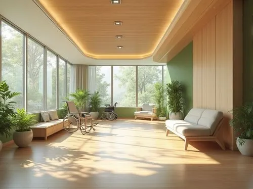 Calming rehabilitation center, natural wood accents, soothing color schemes, ergonomic furniture, accessible ramps, adaptive exercise equipment, floor-to-ceiling windows, abundant natural light, green