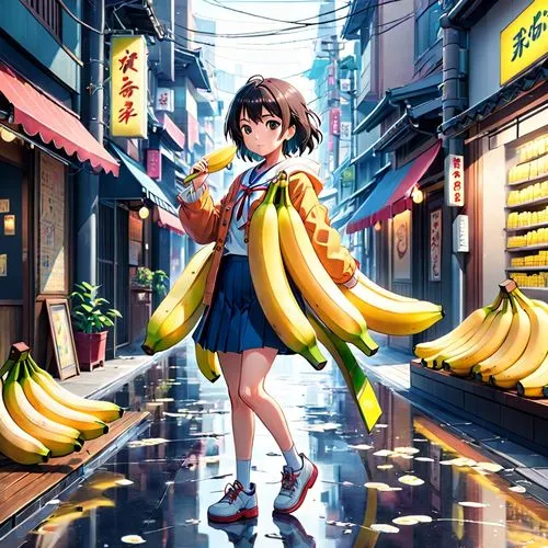 anime character,japanese style,girl,banana,the girl is holding two bananas and wearing sunglasses,bananafish,banana,monogatari,banan,banane,akihabara,Anime,Anime,Realistic