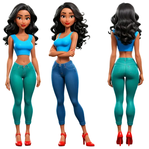 Create only high resolution images, pixar 3d, 4k, character sheet style, like a paper doll, A pose style. She must be wearing ripped denim leggings and a tight blue t-shirt with a deep collar. On her 