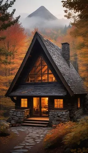 Rustic cabin, wooden structure, triangular roof, chimney, smoking, surrounded by trees, forest, autumn, golden light, misty atmosphere, cozy interior, stone fireplace, wooden furniture, soft lighting,