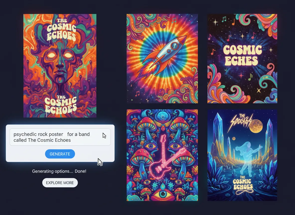 Un'animazione che mostra un utente che digita un prompt come 'locandina psychedelic rock per una band chiamata The Cosmic Echoes' e l'IA che genera molteplici opzioni di locandine.