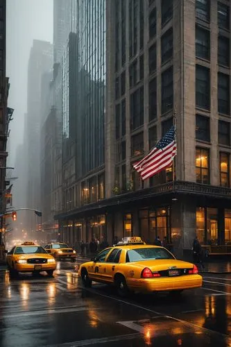 New York City, skyscraper, modern architecture, glass facade, steel frame, concrete foundation, bustling streets, yellow taxi, American flag, city lights, night scene, low-angle shot, cinematic compos