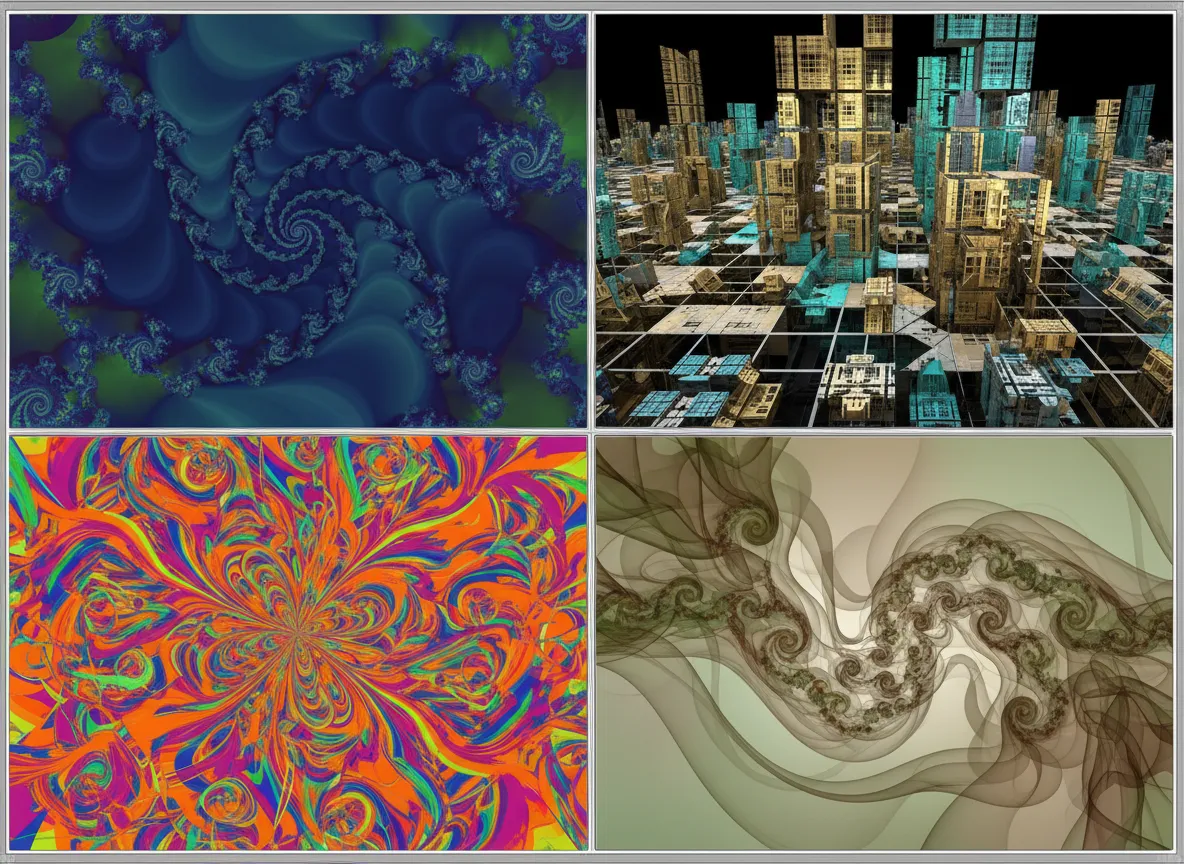 PromeAI के साथ बनाई गई चार अलग-अलग फ्रैक्टल आर्ट शैलियों का एक कोलाज, जिसमें एक क्लासिक मैंडेलब्रॉट, एक ज्यामितीय सिटीस्केप, एक साइकेडेलिक पैटर्न और एक जैविक, बहने वाला डिज़ाइन दिखाया गया है।