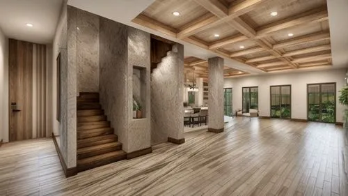 make more realistic modern rustic home entrance. add lighting, show textures wood and plaster,hardwood floors,luxury home interior,wood flooring,interior modern design,loft,wood floor,hallway space,wo