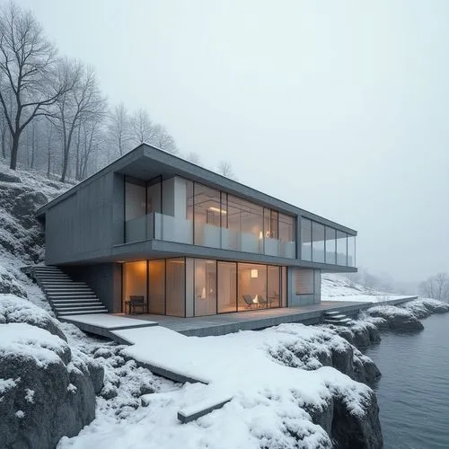  ,a house sitting on top of a cliff next to water,winter house,house by the water,cubic house,house with lake,lago grey,inverted cottage,scandinavian style,snohetta,dunes house,snowhotel,snow house,su