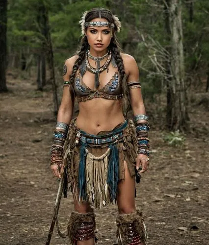 female algonquin  warrior,a beautiful woman wearing tribal jewelry with two different items,warrior woman,female warrior,amazonian,shaman,barbarian,tribal,amazons,warrior east,ancient costume,aborigin