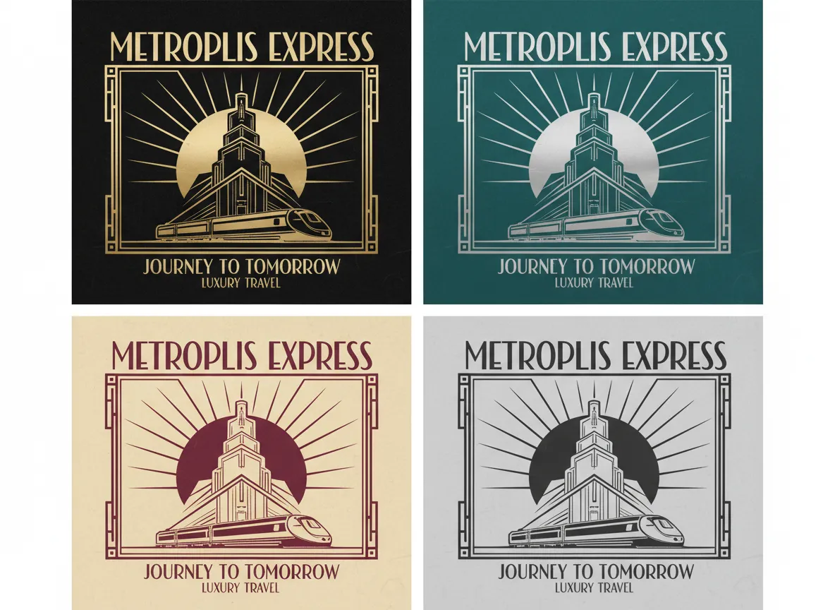Un'immagine che mostra quattro versioni dello stesso poster Art Déco, ognuna con uno schema di colori unico: uno classico nero e oro, uno nei toni del verde acqua e argento, uno in crema e bordeaux, e uno monocromatico.