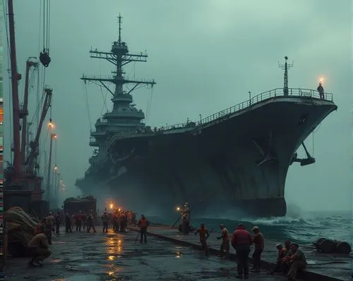一艘正在充滿油汙,雜亂的軍港等待拆卸的航空母艦,碼頭有焊接工人在焊接,忙碌的工作,a ship on the water with a lot of people watching,uss carl vinson,uss kitty hawk,aircraft carrier,cvn,us navy,drydock