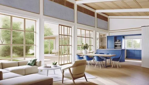 a large open kitchen and living room area,sunroom,breakfast room,renderings,interior modern design,wooden windows,dining room,contemporary decor,revit,window frames,daylighting,hovnanian,modern kitche