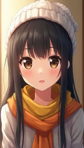 Image is a portrait-style photograph featuring a young person with long, straight black hair and a fair complexion. They are wearing a white knitted beanie and a colorful scarf with yellow and orange 