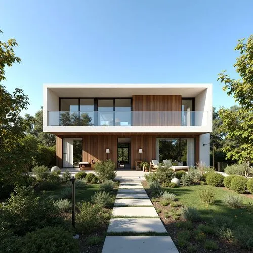 A photo-realistic rendering of a modern, minimalist house with a contemporary design. the house is a two-story building with a rectangular shape and a flat roof, featuring large glass windows that all