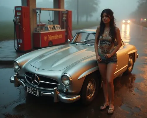 silver chrom Mercedes-Benz 300 SLR next to obese perfect attractive beatiful fullfigured curvy Beautiful young girl, wet skin and lips, full pink lips, brown eyes and hair, full body, short shirt with
