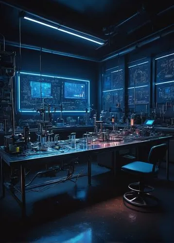 Clip, futuristic laboratory, sci-fi setting, sleek metal tables, various machinery, wires, microscopes, test tubes, robotic arms, holographic screens, VQGAN AI model, blue glowing lights, neon signs, 