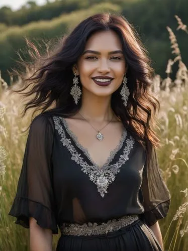 A woman standing in a field of tall grass and flowers with a gothic style and a smile. She has long, wavy dark hair blowing in the wind and light makeup with a hint of dark lipstick. She is wearing a 