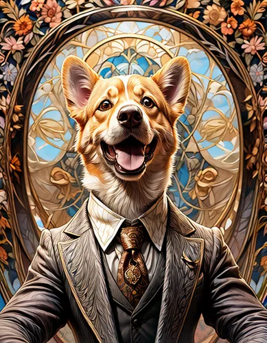 Corgi in a suit,dogecoin,gambler,portrait background,aristocrat,anthropomorphized animals,suit of spades,businessman,poker,fox,concierge,shiba,canidae,twitch icon,furta,collectible card game,banker,ga