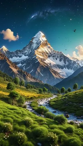 A detailed 3D render: A majestic Himalayan mountain, adorned with scattered vegetation. The starry sky dominates the upper right, a bright green, gold-hued field with blue skies, and light birds perch
