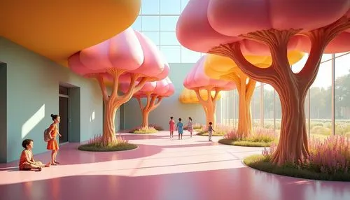 A vibrant ice cream factory with expansive, open areas and large, brightly colored walls. ice cream-shaped treesThe ceiling is decorated with ice cream horns,many trees, and large windows allow natura