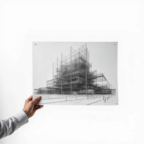 An arm of an architect holding up a futuristic black blueprint of a building, white background, simplistic


,a hand holding a drawing of a building,frame drawing,wireframe graphics,revit,wooden frame